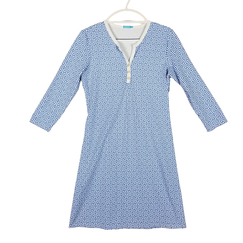 J.McLaughlin Dress Womens Medium Blue White Greek Key Catalina Cloth 3/4 Sleeve